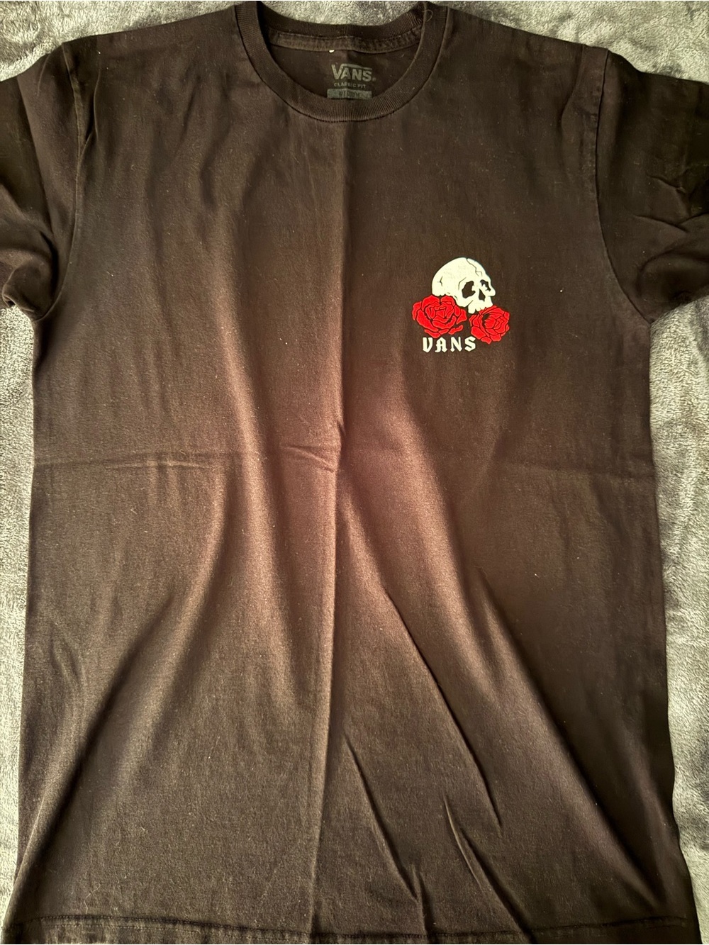 Vans Black Tee with White Skull and Red Roses Graphic